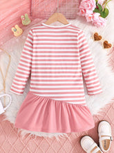2-7Y Girls Chic Bow Rabbit Embroidered Dress, Pink & White Striped Long Sleeve A-Line Splicing Solid Skirt, Versatile For Home & Outdoor Wear